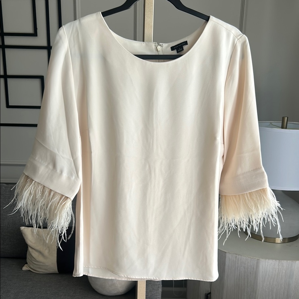 ANN TAYLOR Elegant Cream Top with Feathered Sleeves